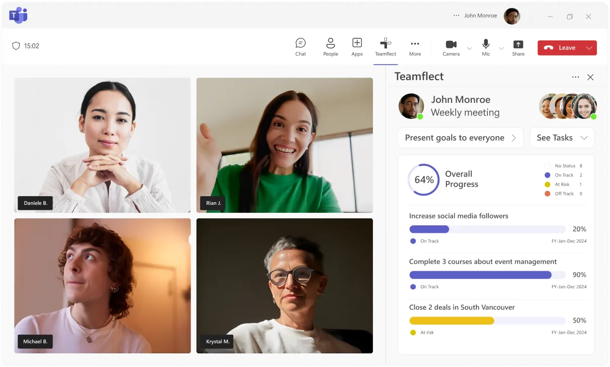 Teamflect's meeting extension inside an ongoing Microsoft Teams meeting. It shows how to view employee goals and create tasks inside Microsoft Teams meetings.