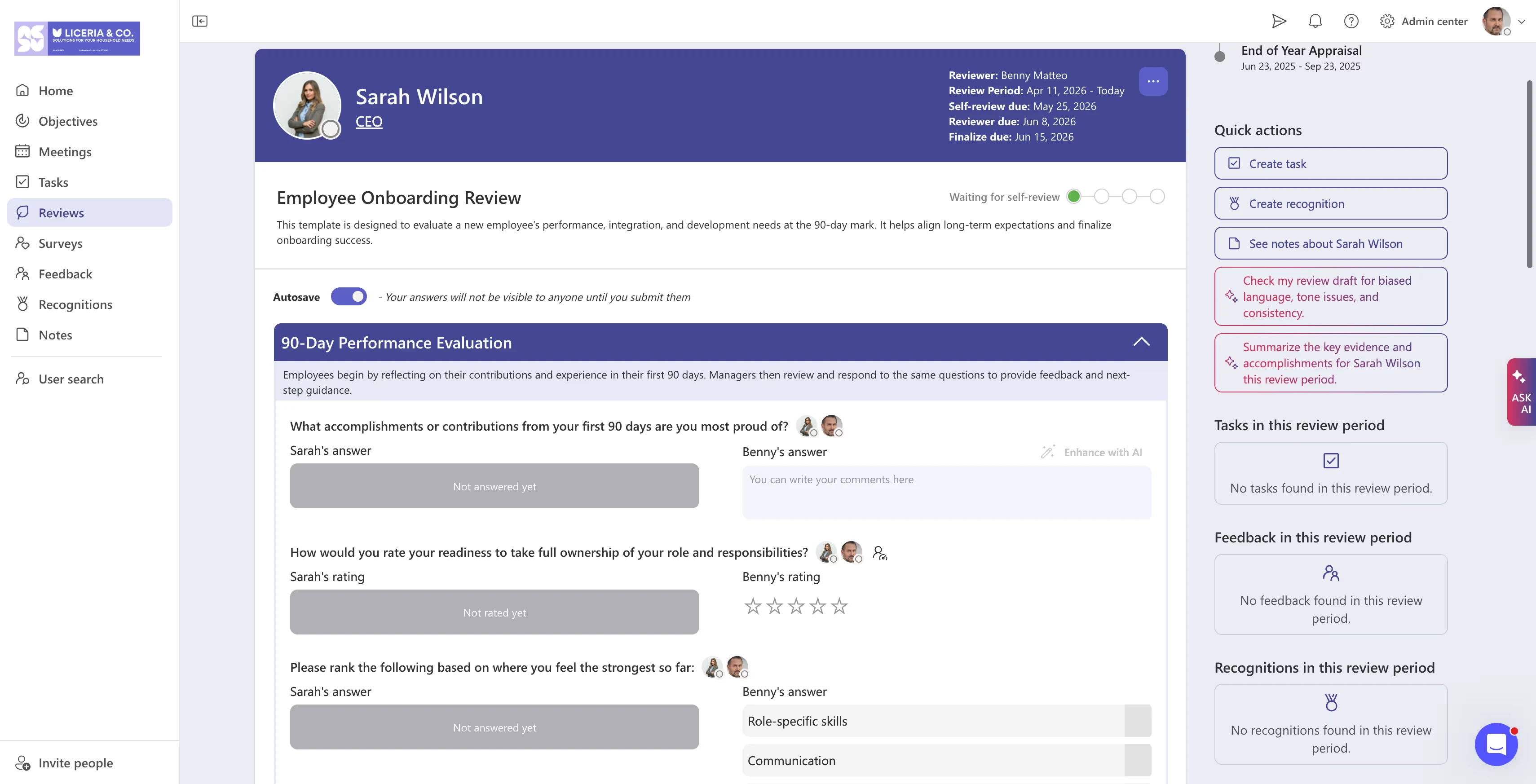 Onboarding review template built into Microsoft Teams with Teamflect