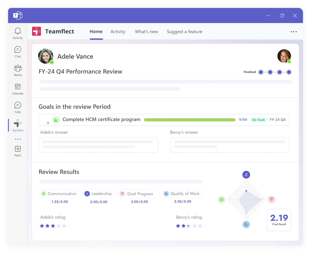 A performance review being conducted using Teamflect's performance review templates for Microsoft Teams. It includes a section dedicated to the employee's goals in the review period as well as a detailed results section.