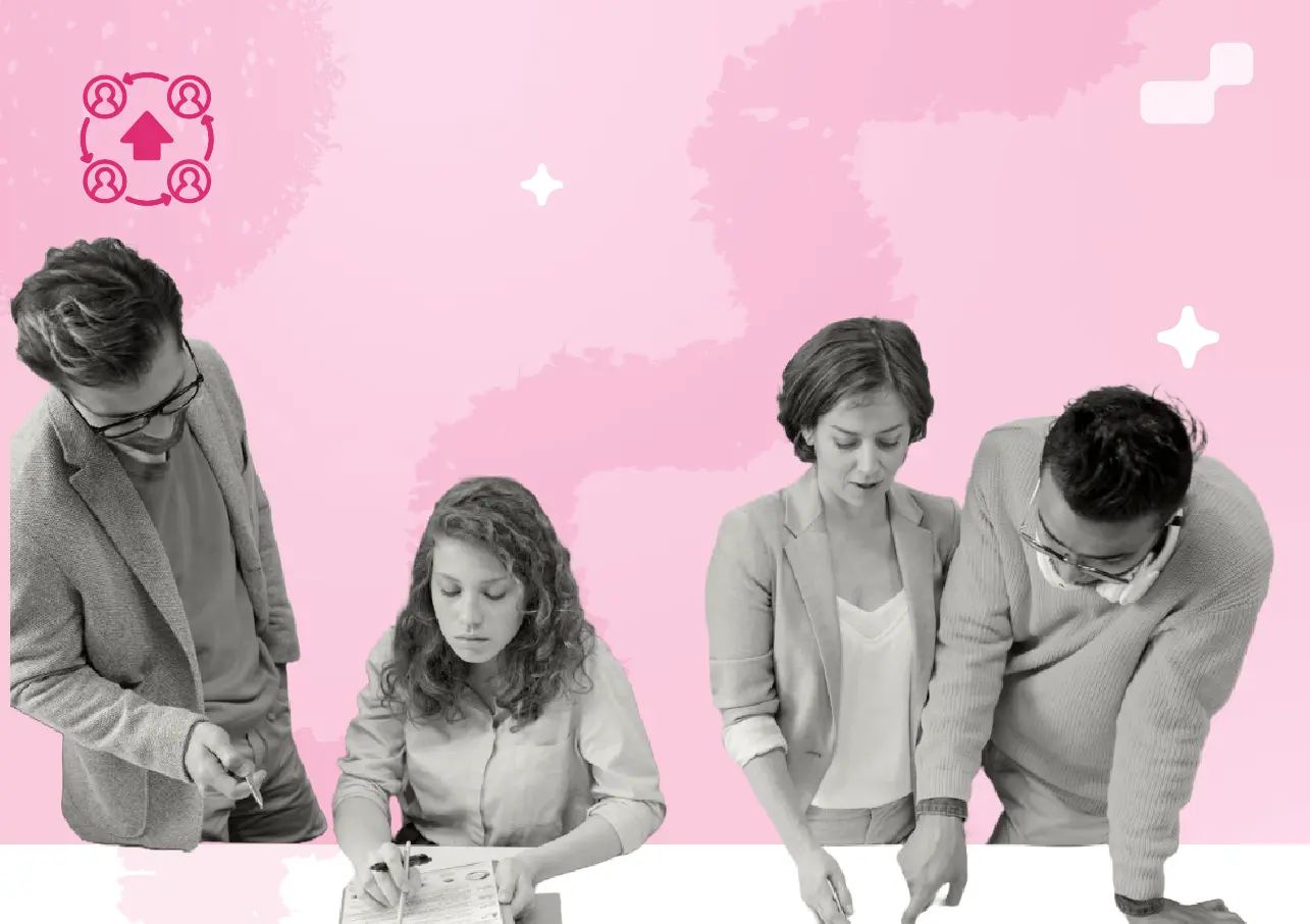 Team collaborating on a project, illustrating staff development and employee growth with symbols of progress in the background.