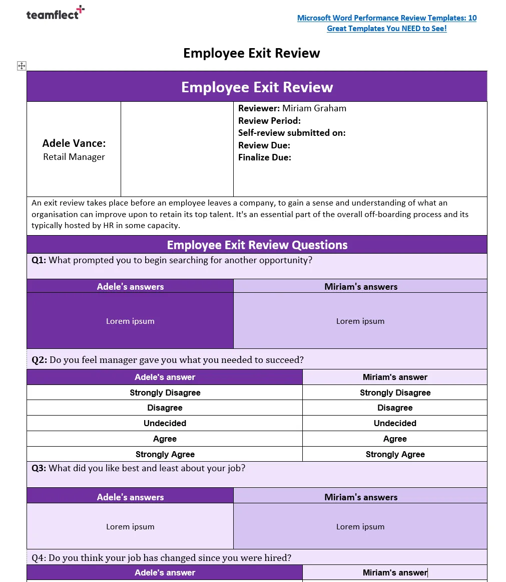 Employee exit review template in Word format.
