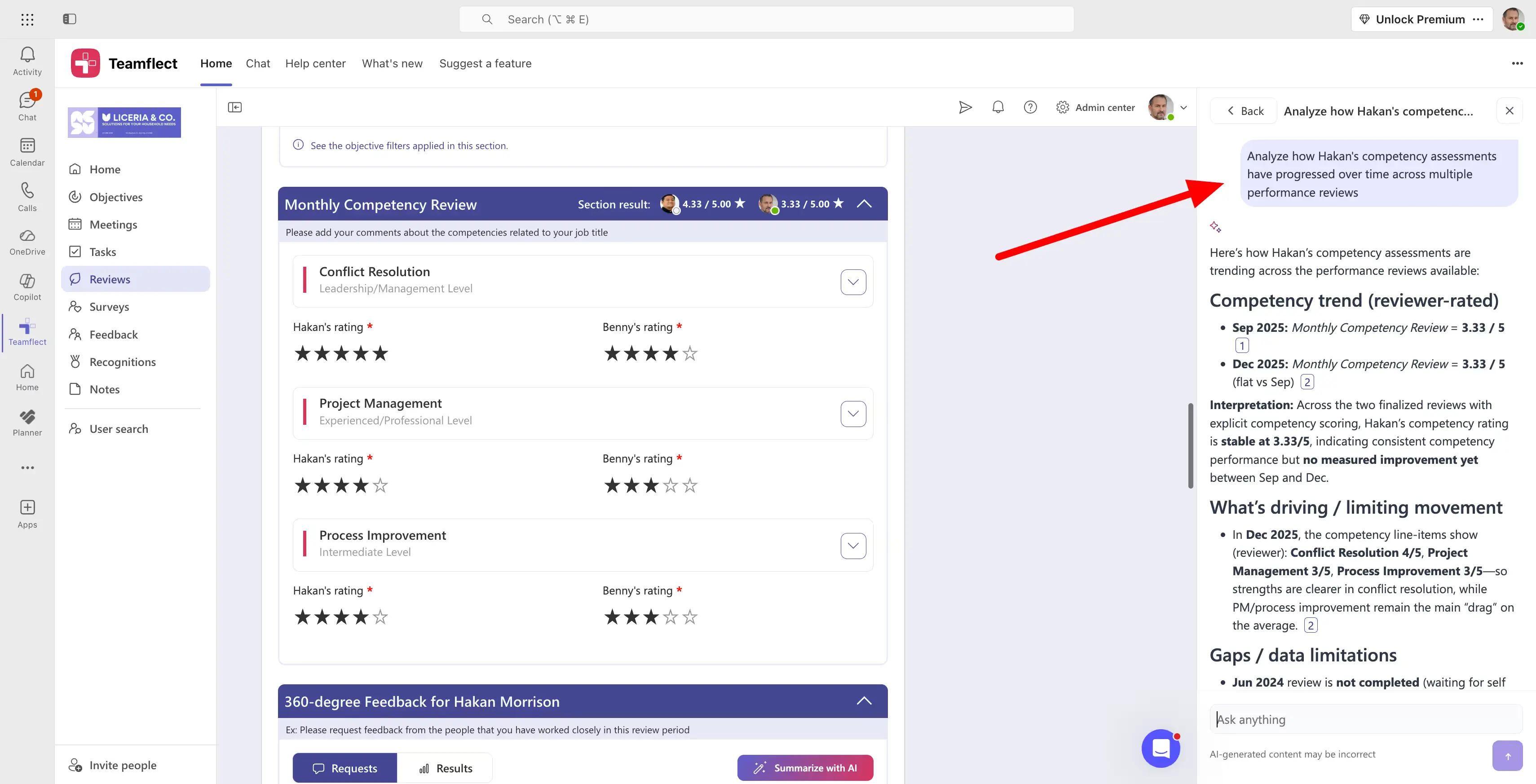 Competency assessment analysis by Teamflect Agent