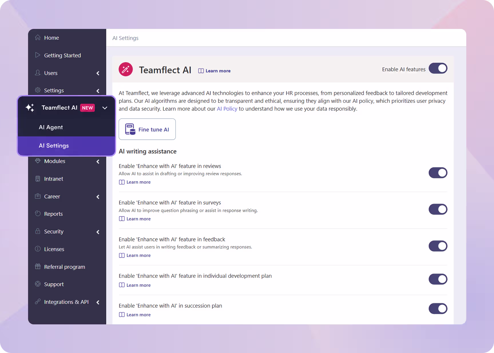 Teamflect Agent admin center page