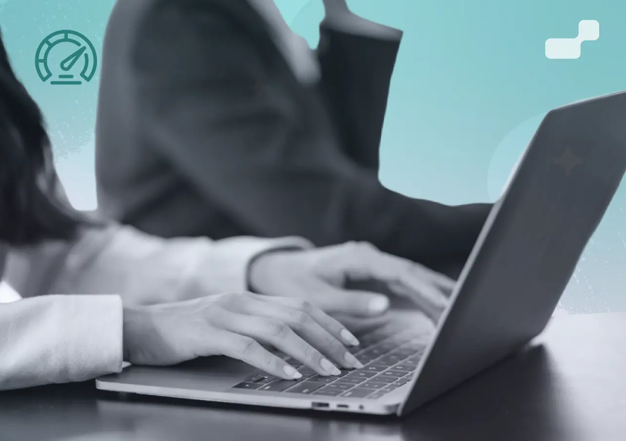 How to handle employee performance issues illustration showing office workers using a laptop and a performance metric icon