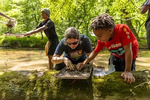 Jefferson County Greenways' program staff with participants at Turkey Creek Nature Preserve locating and identifying what lives in Turkey Creek