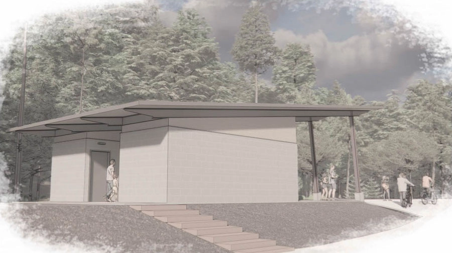 Rendering of new pavilion and restrooms coming to Red Mountain Park (back side)