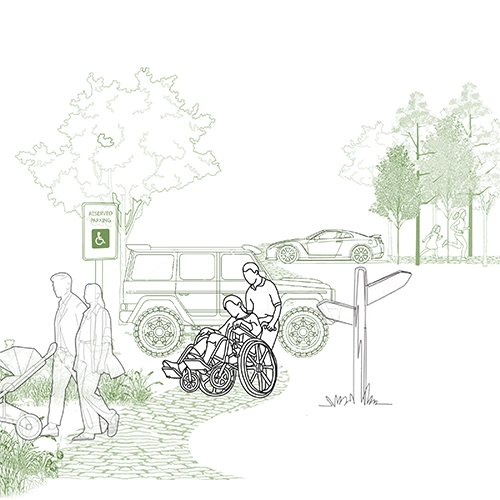 People entering a park in a wheelchair and with a stroller. Accessible parking nearby