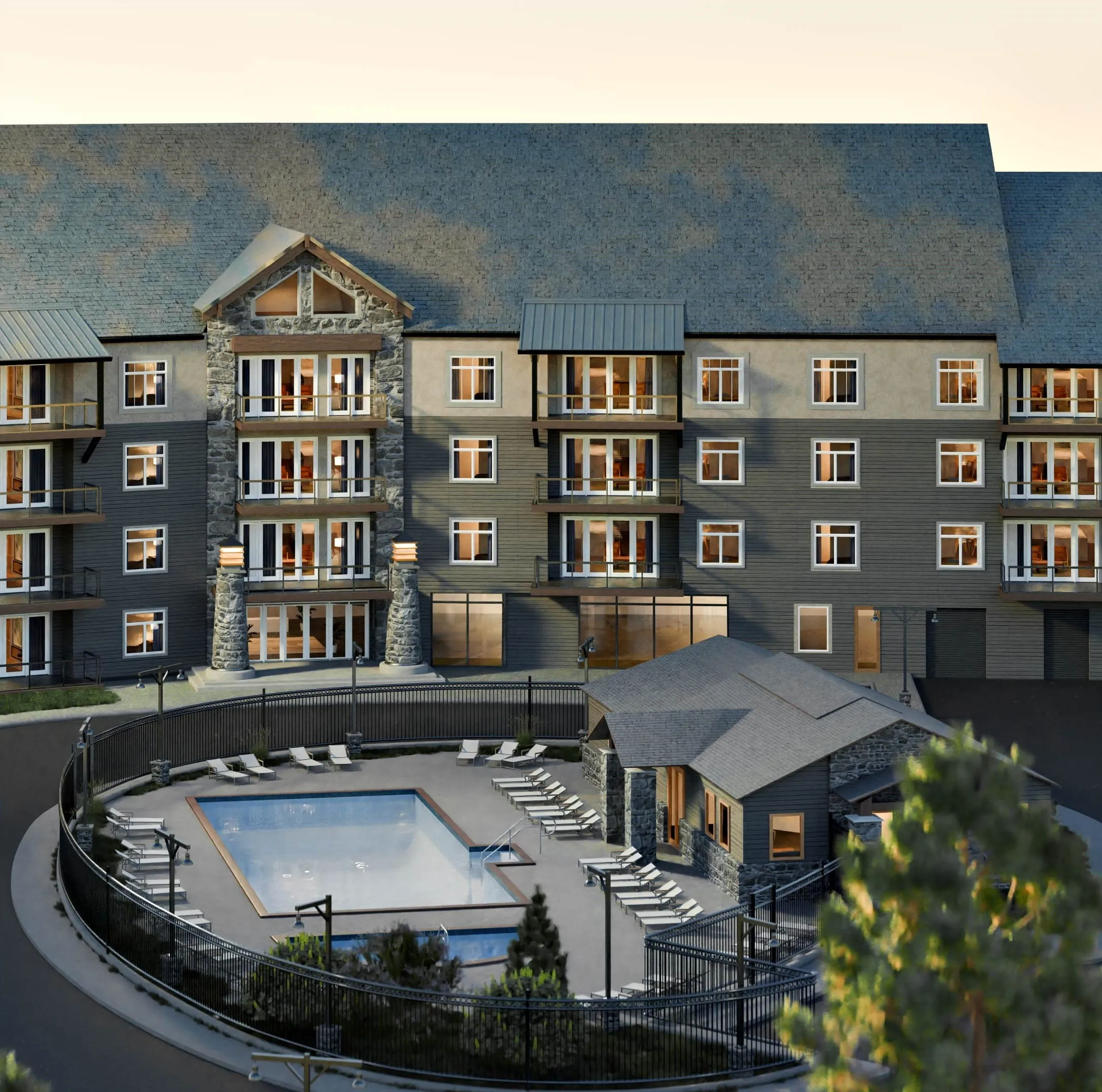 3D render of Peak Tahoe building at sunset