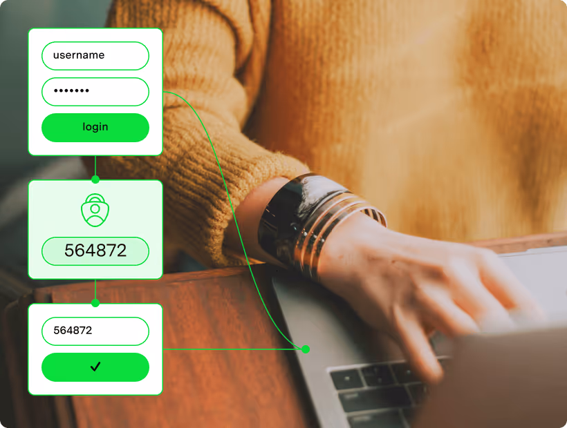 Person typing on a laptop wearing a mustard sweater and bracelet, with overlay graphics showing two-factor authentication login steps.