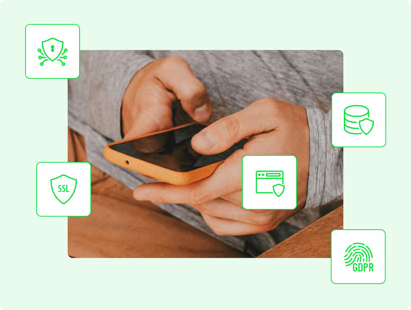 Person holding an orange smartphone with digital security icons including SSL, GDPR, shield with keyhole, database protection, and browser shield surrounding the image.