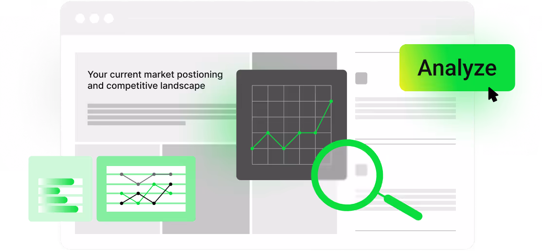 Browser window showing market positioning and competitive landscape analysis with graphs and a green magnifying glass highlighting data, next to a glowing green 'Analyze' button.