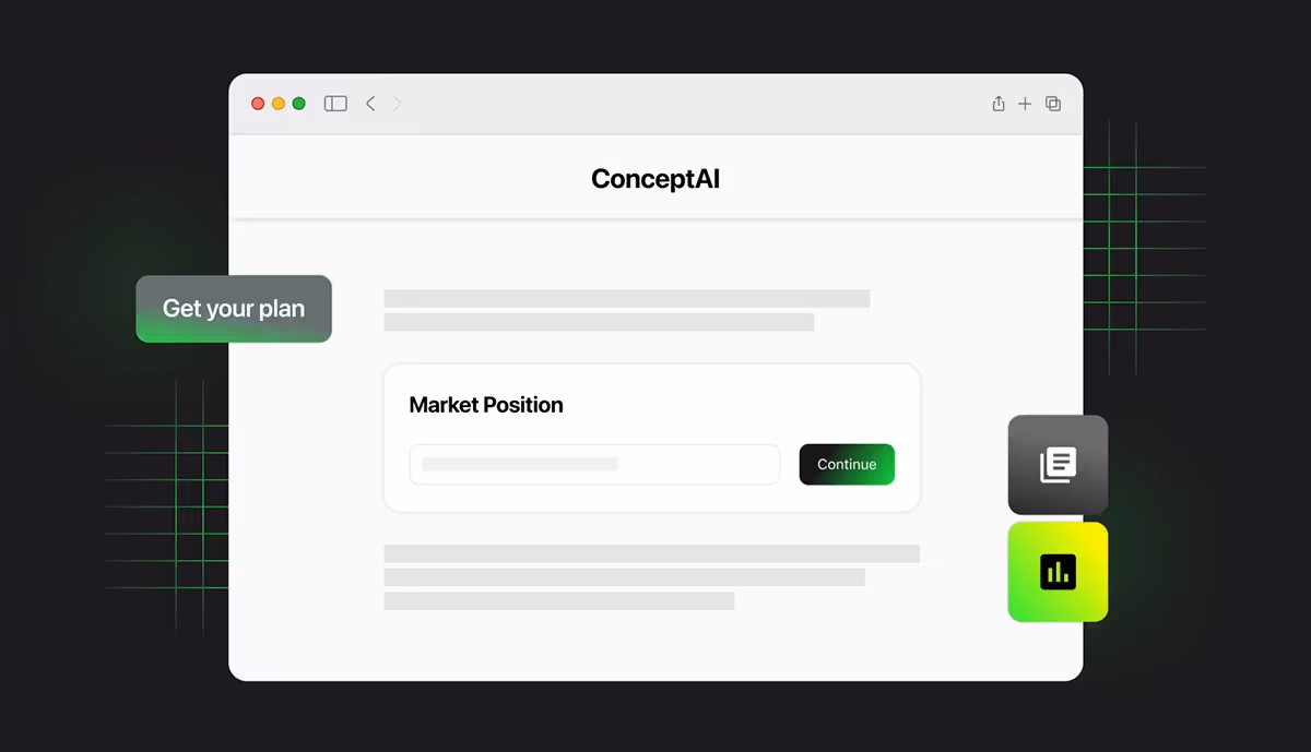 ConceptAI user interface displaying a Market Position input field with a green 'Continue' button, a 'Get your plan' label on the left, and two icon buttons on the right.