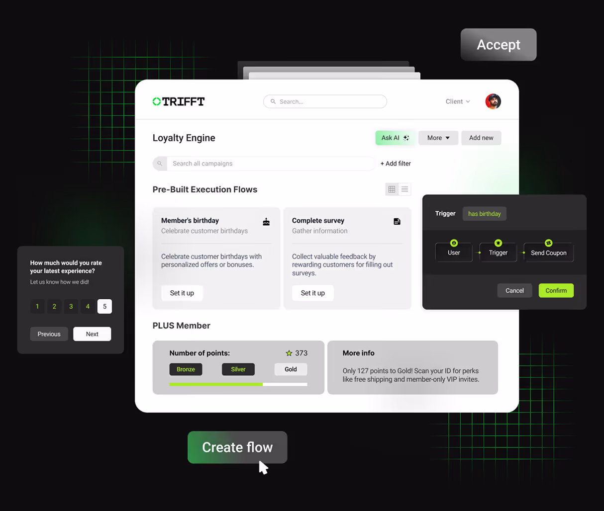 User interface of a loyalty engine platform showing pre-built execution flows for member's birthday and surveys, with points tracking, rating prompt, and flow creation options.