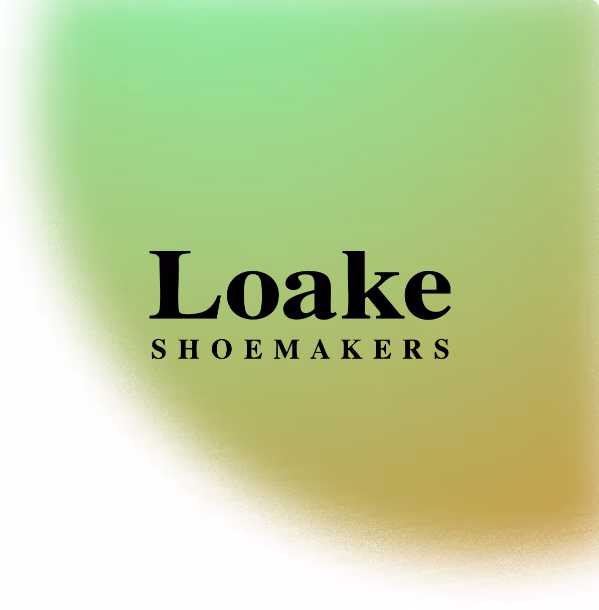 Loake Shoemakers logo with black text on a green and brown gradient background.