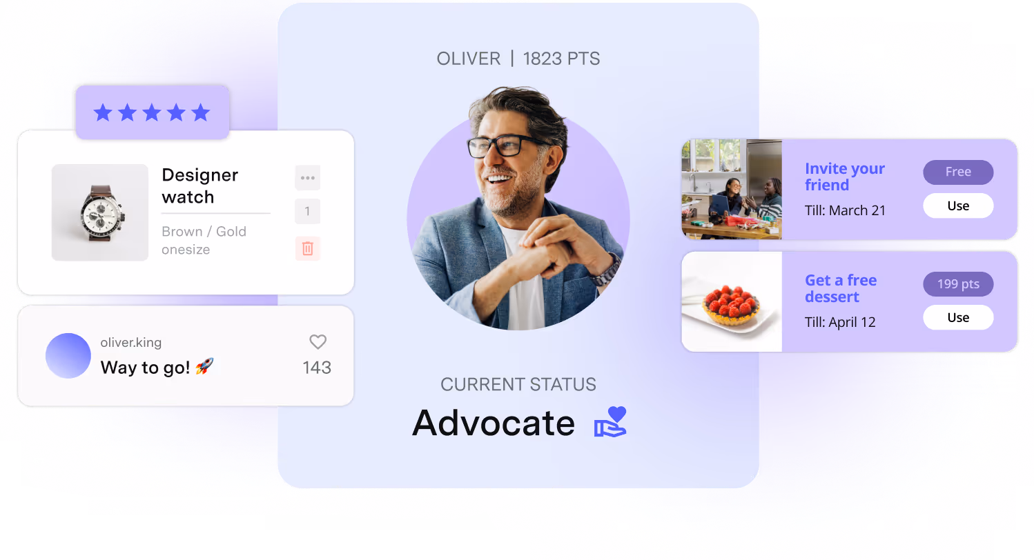 User profile of Oliver with 1823 points, current status Advocate, photo of smiling man with glasses, rewards for inviting a friend and a free dessert.