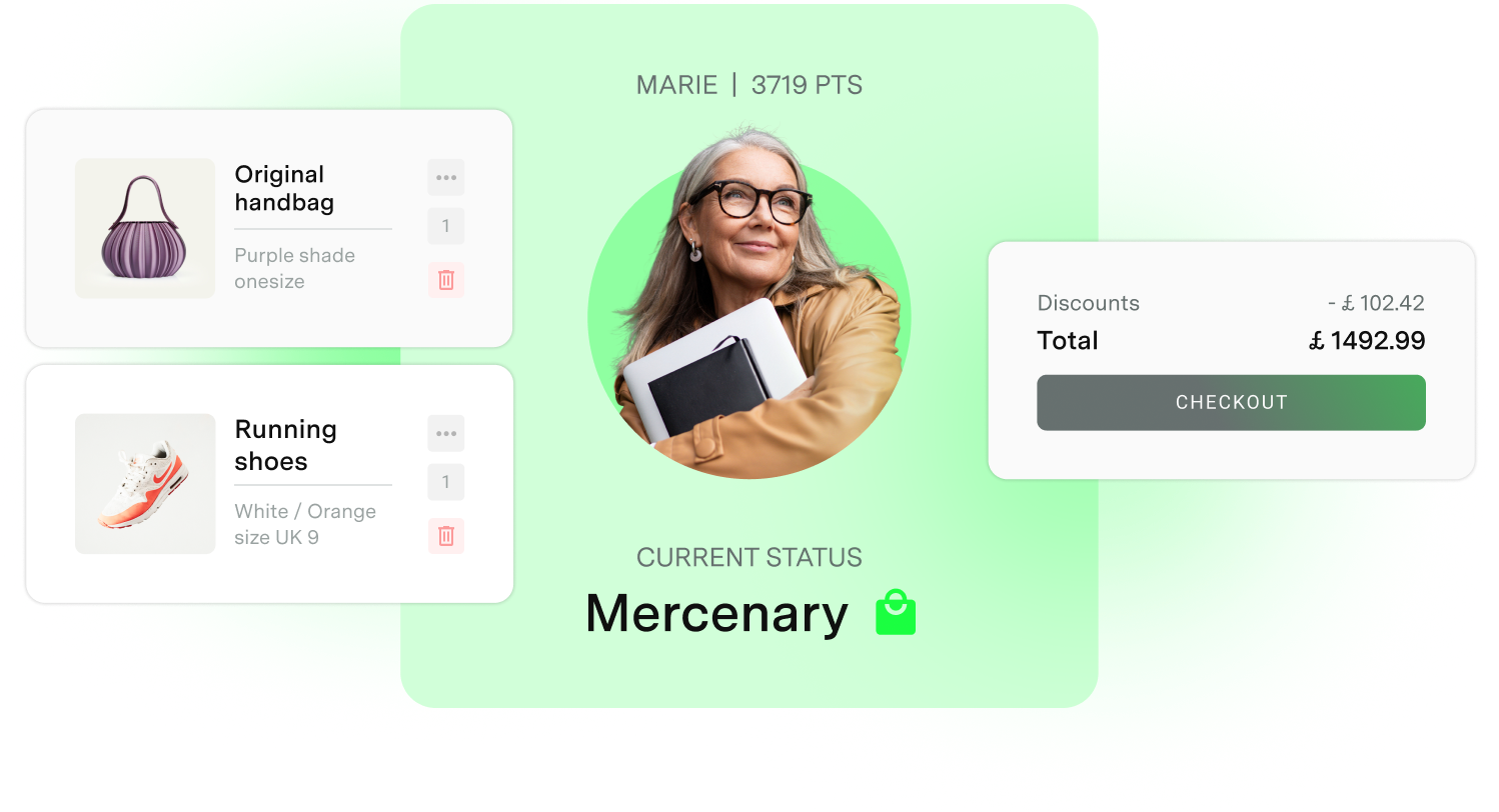 User profile of Marie with 3719 points, current status Mercenary, showing a purple handbag and white-orange running shoes in cart with total price £1492.99 after discount.
