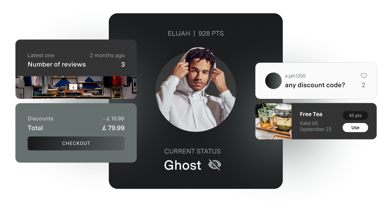 User profile card showing Elijah with 928 points and status Ghost, alongside a checkout summary with 3 reviews and a discount of £10.99, plus a 'Free Tea' reward valid till September 23 with an option to use it.