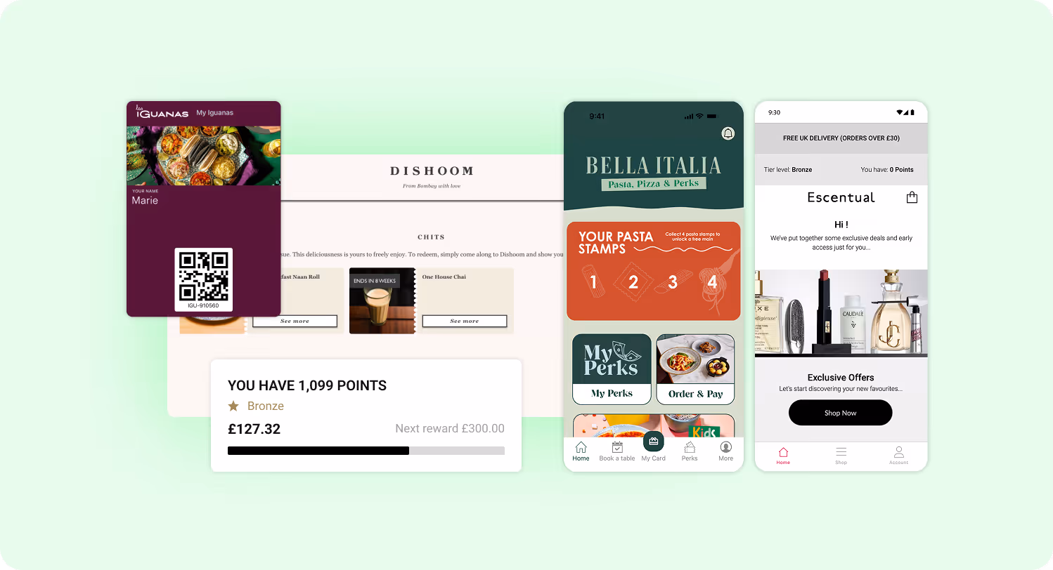 Four digital loyalty cards and apps from different brands showing points, rewards, pasta stamps, and exclusive offers.
