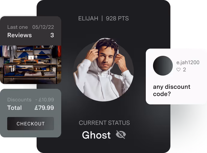 User profile for Elijah with 928 points and 'Ghost' current status, a checkout section showing total £79.99 with £10.99 discount, and a comment asking for a discount code.