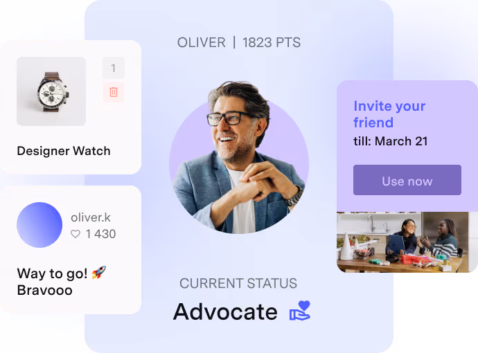User profile of Oliver with 1823 points, labeled Advocate, showing a designer watch purchase, positive comment, and a referral invite until March 21.