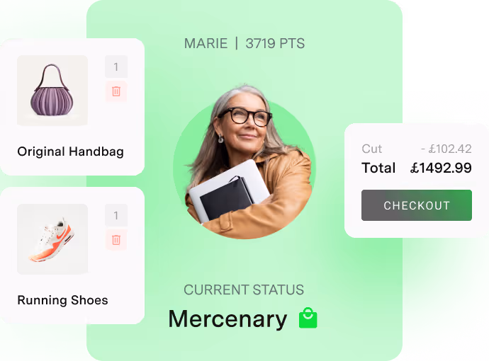 User profile of Marie with 3719 points, showing her current status as Mercenary, and a shopping cart with an original handbag and running shoes totaling £1492.99 with a checkout button.