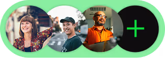 Three smiling people in overlapping circular frames followed by a circle with a green plus sign on black background.