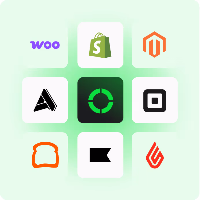 Grid of nine ecommerce platform logos including WooCommerce, Shopify, Magento, and others on a light green gradient background.