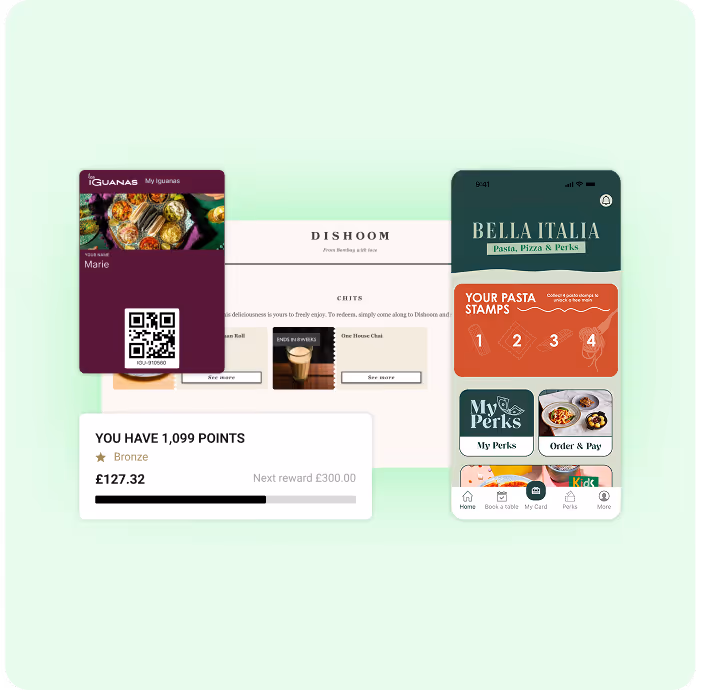 Three digital loyalty program interfaces showing points balance, QR code, and reward stamps for restaurants.