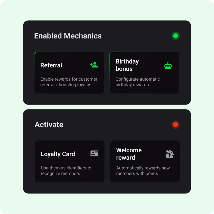 User interface showing enabled mechanics with green light for Referral and Birthday bonus, and inactive options Loyalty Card and Welcome reward with red light.