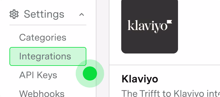Settings menu with Integrations tab highlighted and Klaviyo integration logo displayed.