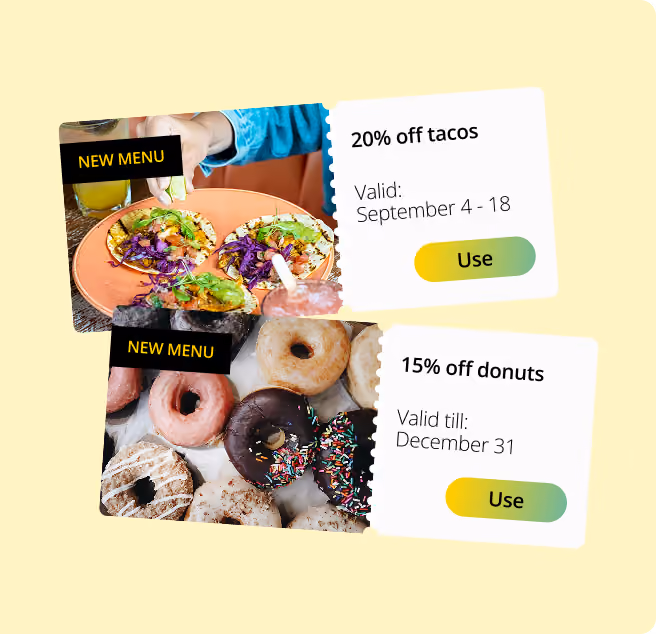 Two personalised offer coupons for money off tacos and donuts, each with a validity date and a Use button.
