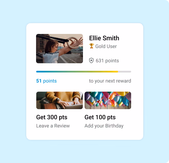 Customer loyalty profile showing tier status, points balance, progress to the next reward and ways to earn more points.