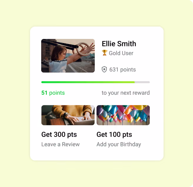 Customer loyalty profile showing tier status, points balance, progress to the next reward and ways to earn more points.