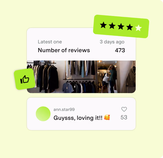 Store review summary showing a four-star rating, the total number of reviews and a recent customer comment.