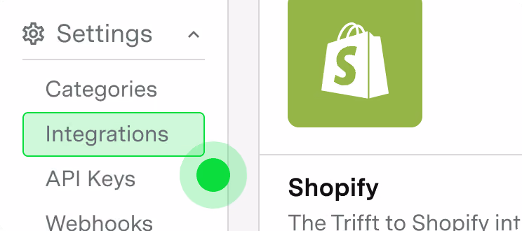 Settings menu with Integrations tab highlighted and Shopify integration listed.
