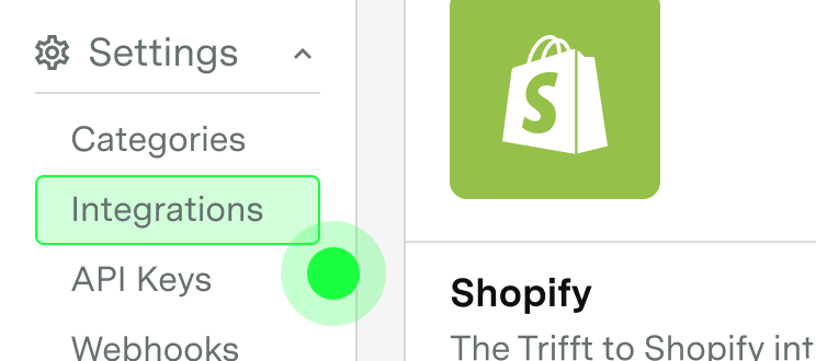 Settings menu with Integrations tab highlighted and Shopify integration listed.