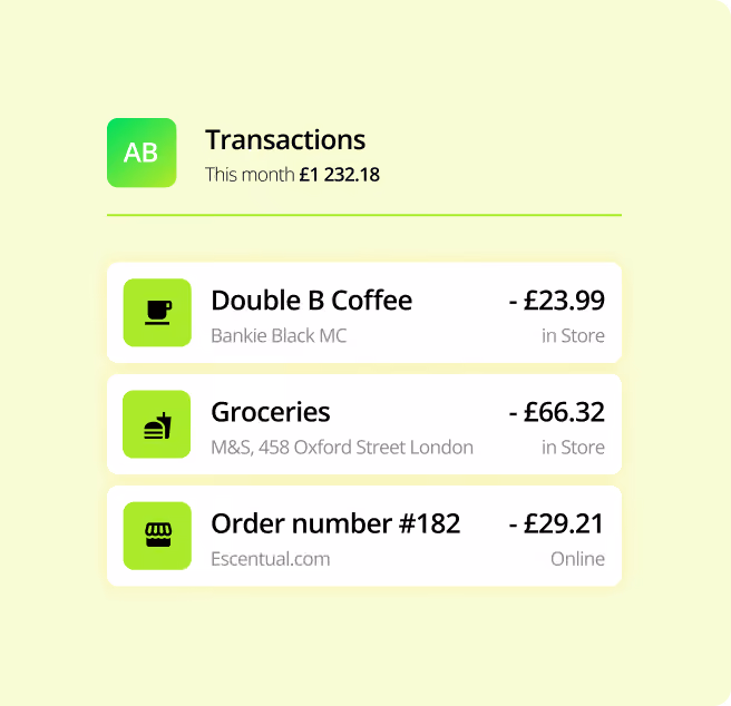 Customer transactions list showing recent in-store and online purchases with amounts and a monthly total.