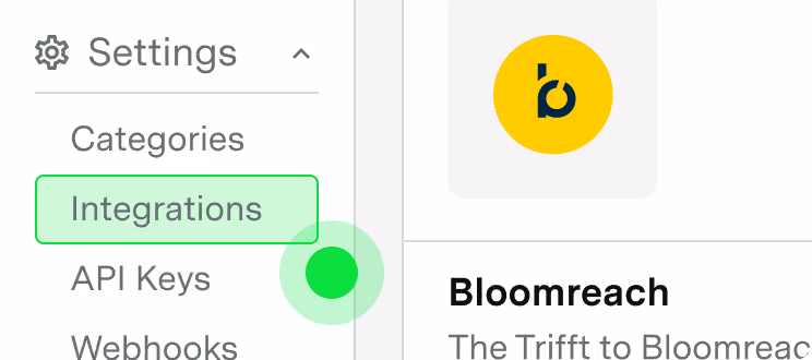 Settings menu with Integrations tab highlighted and Bloomreach integration listed.