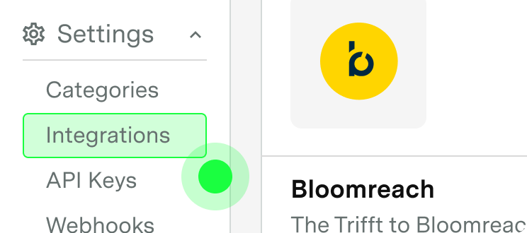 Settings menu with Integrations tab highlighted and Bloomreach integration listed.