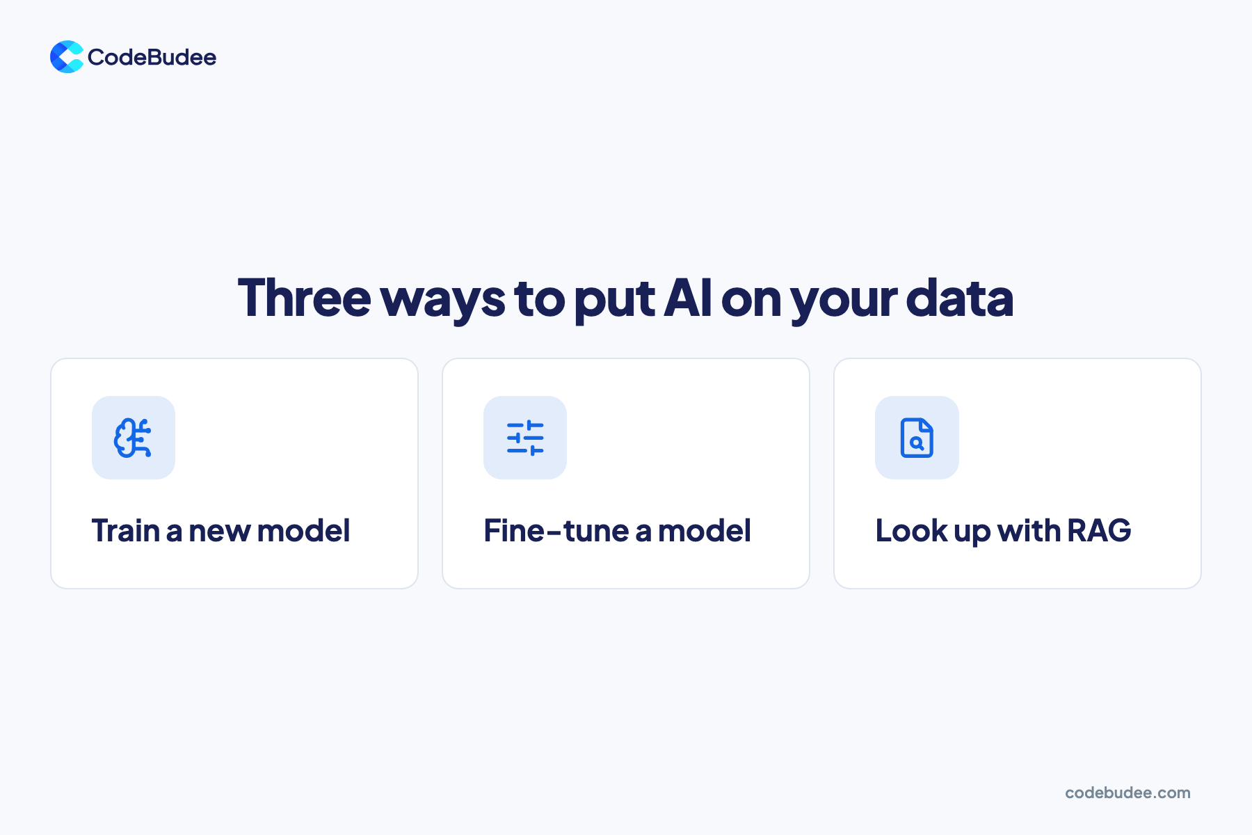 Three cards show the ways to put AI on your data: train a new model, fine-tune a model, or look up with RAG