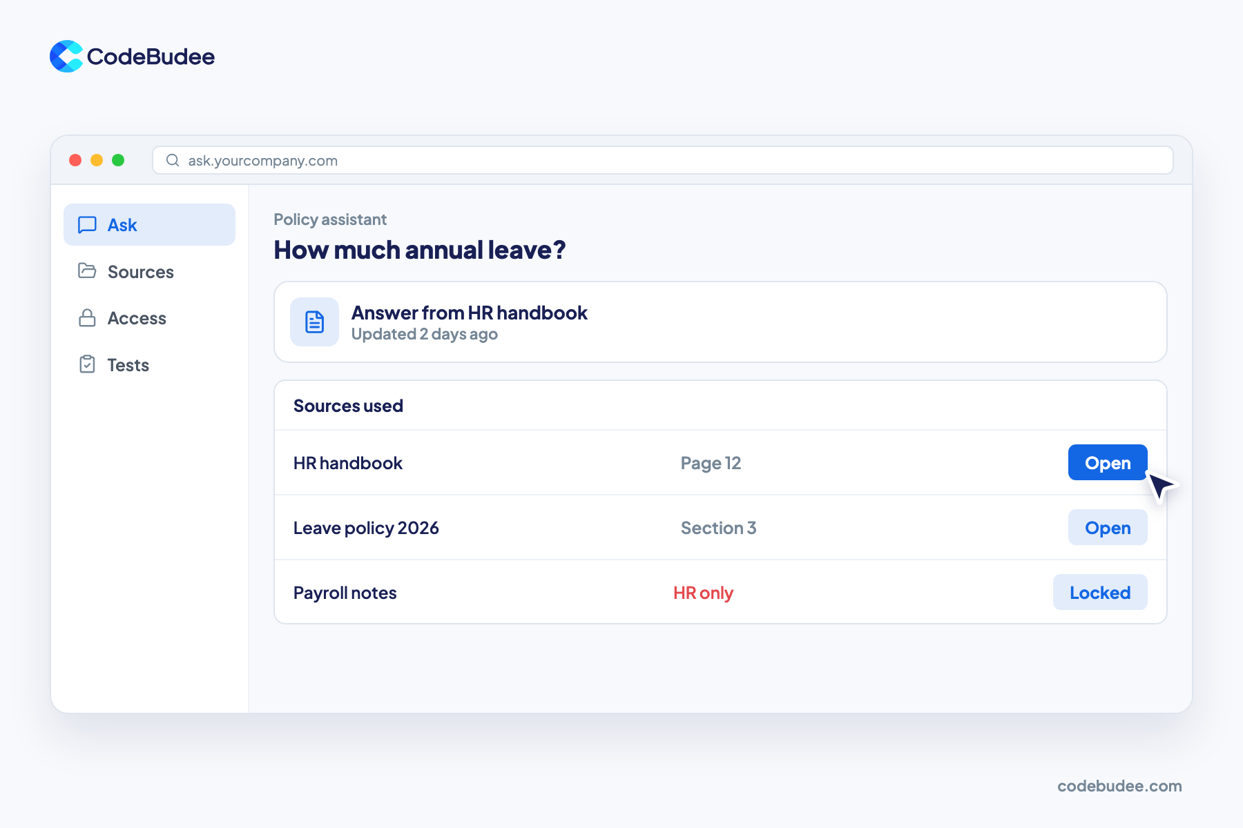 An AI policy assistant answers a leave question and lists its sources, with payroll notes locked to HR only