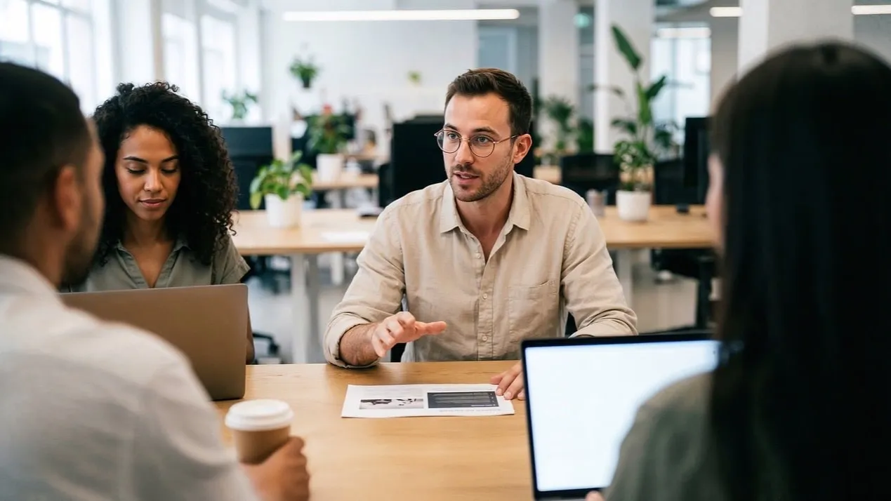 A small software team talks around a table with laptops, deciding whether to fix or rebuild their first version