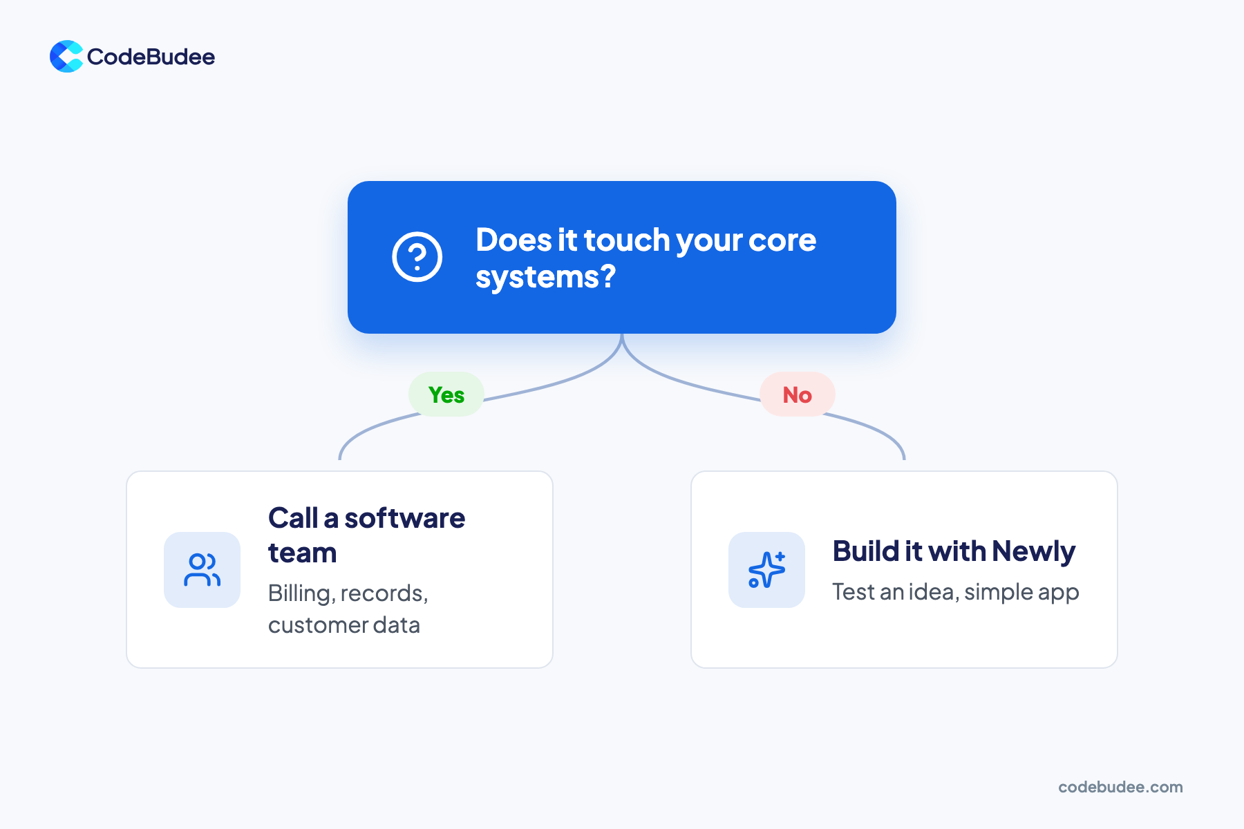 A yes/no slide: if the app touches your core systems, call a software team; if not, build it with Newly.