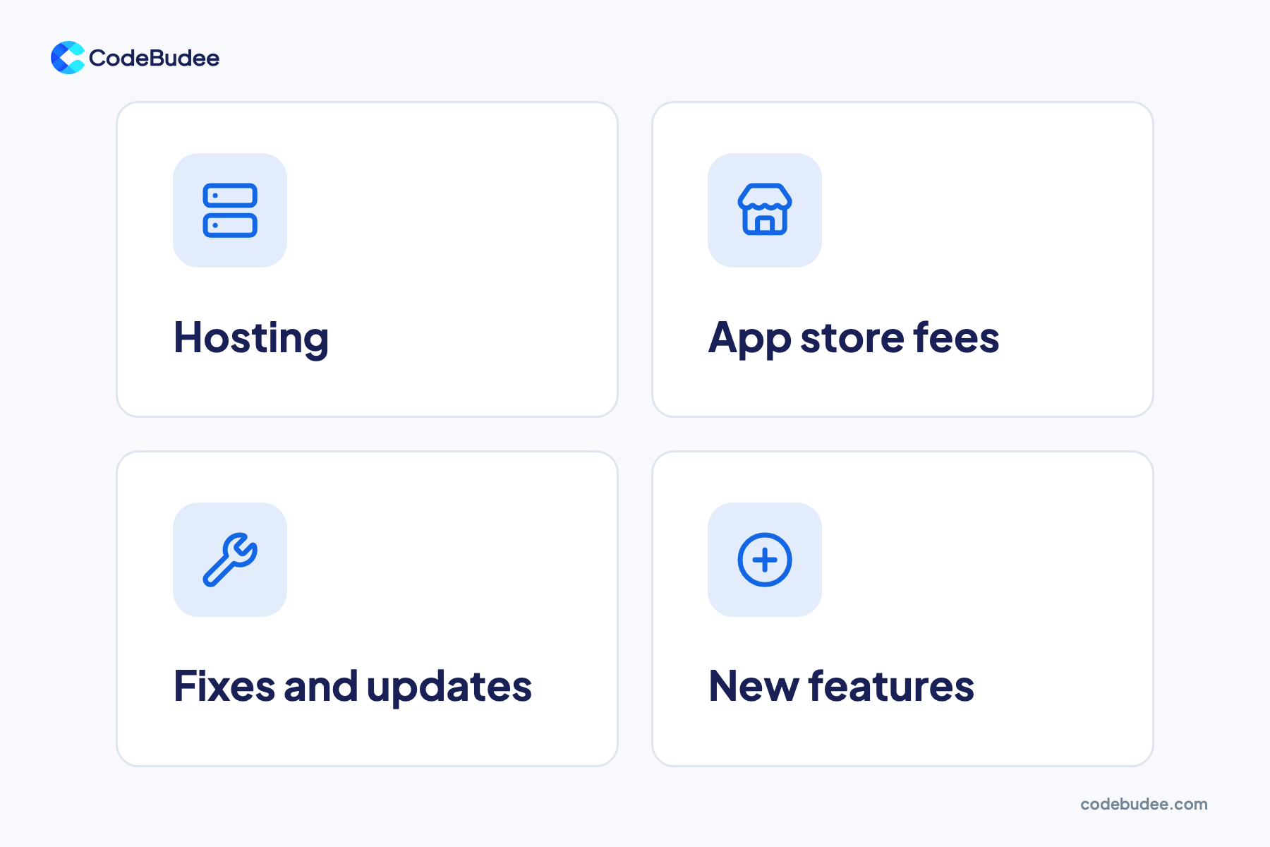 Four cards show the costs after launch: hosting, app store fees, fixes and updates, and new features