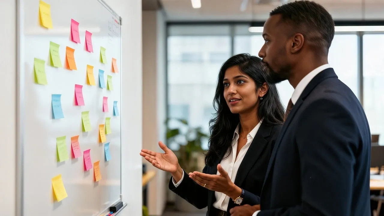 Two colleagues plan a software project at a whiteboard of sticky notes, weighing up the work the team must do