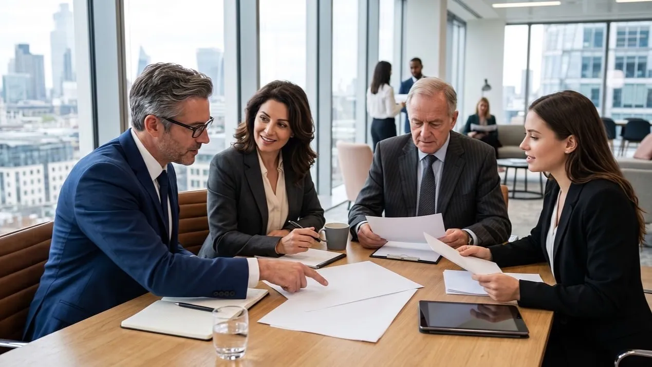 Four colleagues at an office table go through printed pages together, as you would when checking a quote