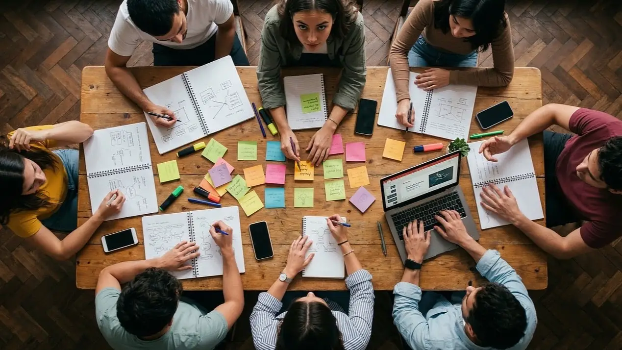 A team around a table sorts sticky notes to map common staff questions and where the answers live.