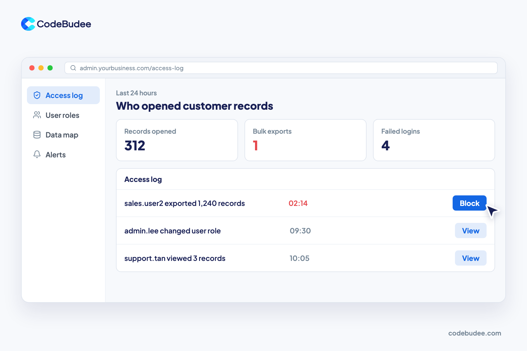 An admin access log flags one user exporting 1,240 customer records at 2:14 am, with a Block button.