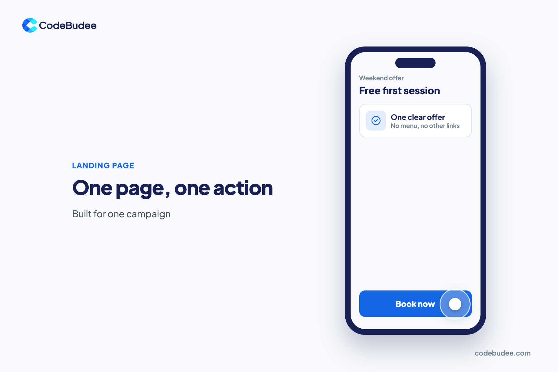 A phone shows a landing page with one free first session offer and a Book now button, beside the words One page, one action.