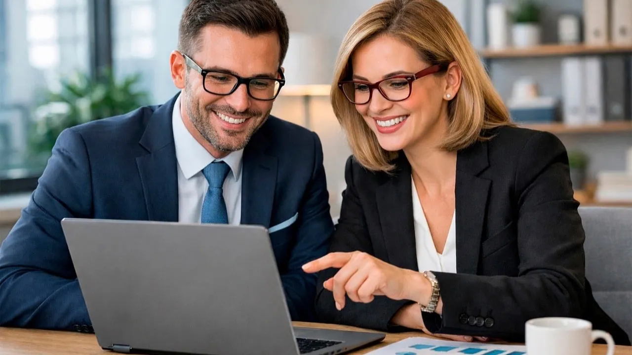 Two colleagues review a plan on a laptop together before deciding how to change their system.